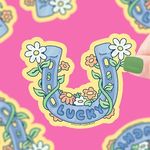 Lucky Horseshoe Sticker: Waterproof Vinyl Wildflower Daisy Decal