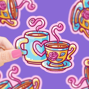 Tea and Coffee Mugs Vinyl Sticker, Tea Lover Sticker, Cute Tea Cup, Coffee Lover, Pink Coffee Sticker, Coffee Maker Sticker