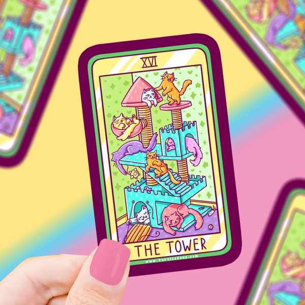 The Tower Tarot Card Cat Vinyl Sticker: Witchy Feline Art