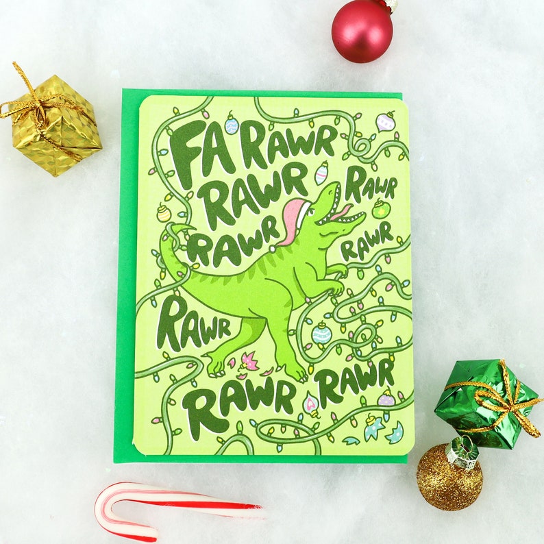 Funny Christmas Card, Dinosaur Christmas Card, Fa Rawr Rawr Rawr Rawr, Funny T Rex Christmas, Cute Holiday Card, Dinosaur Card, Rawr Xmas image 1