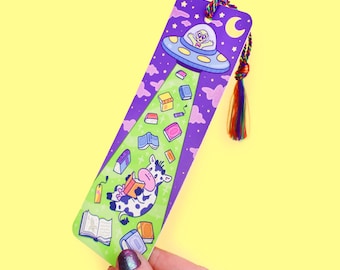 Alien Abduction Bookmark: Library UFO with Rainbow Tassel