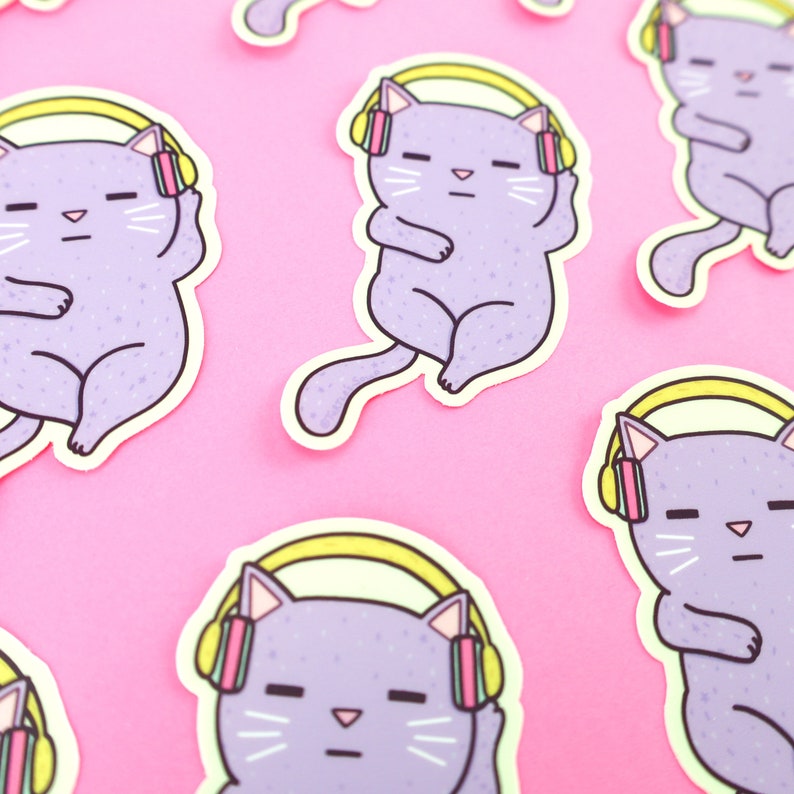 Headphones Sticker, Cat Music Sticker, Kitty Listening To Music Vinyl Sticker, Laptop Sticker, Rave Cat Sticker, Cat Lover Sticker, Vibes image 2