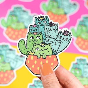 Sticker cactus, Sticker chat, Sticker plante en pot, maman plante, figue de barbarie, Sticker moderne, maman chat, Sticker pour verre, jardinage, succulentes, mignon