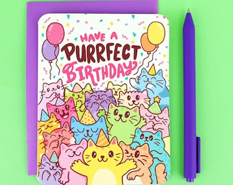 Cat Birthday Card, Best Friend Card, Cat Lover Gift, Purrfect Puns, Party Animal, Black Cat, Crazy Cat Lady, Kawaii Cats, lolcats, For Her