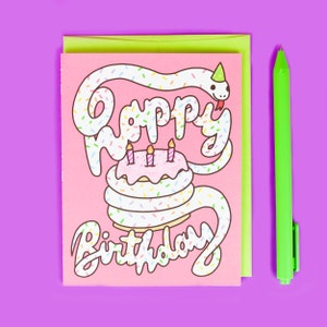Carte de joyeux anniversaire, gâteau d'anniversaire serpent, jolie carte d'anniversaire, anniversaire drôle, typographie, gâteau serpent
