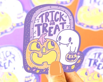 Trick or Treat Halloween Sticker, Halloween Vinyl Sticker, Cute Pumpkin, Spooky Ghosts, Adorable Halloween Gift, Kids Water Bottle Sticker
