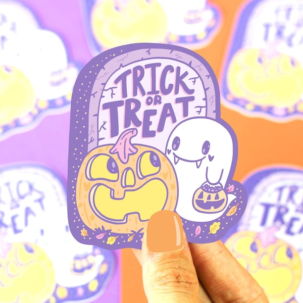 Trick or Treat Halloween Sticker, Halloween Vinyl Sticker, Cute Pumpkin, Spooky Ghosts, Adorable Halloween Gift, Kids Water Bottle Sticker