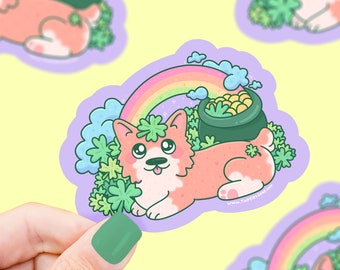 Corgi Rainbow Pot-o-Gold St Patrick's Day Sticker, Vinyl Sticker, Luck, Cute Corgis, Waterproof, Water Bottle Sticker, Cute Corgi Gift