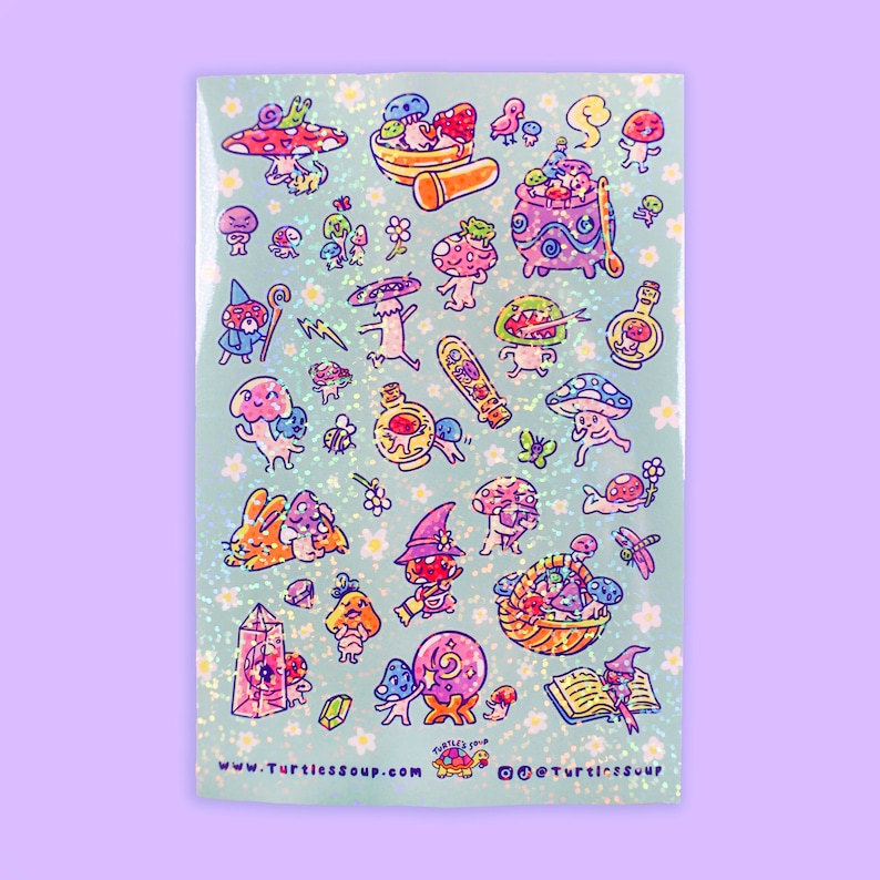 May include: A sticker sheet with a light blue background and a pattern of small white flowers. The sheet features various cartoon mushroom characters, potions, crystals, and other whimsical elements. The text "www.turtlessoup.com" is visible at the bottom.