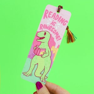 Reading is Awesome, Rawrsome, Dinosaur, Bookmark, Book Lover Gift, Reader, Literary, Funny, Stationery, Gift For Him, Story, Illustrated