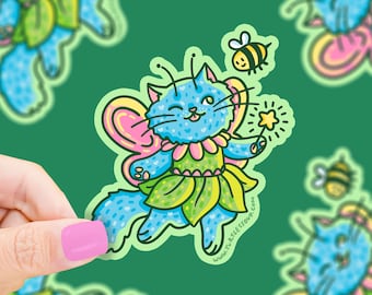Fairy Kitty Vinyl Sticker: Whimsical Cottagecore Cat Laptop Decal