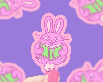 Reading Bunny Vinyl Sticker: Pink Rabbit, Bookish Gift