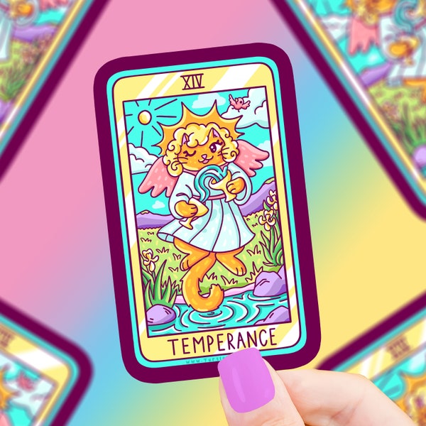 Temperance Tarot Card Cat Sticker, Witchy Sticker, Cute Cat, Good Karma, Peaceful, Cats Vinyl Sticker, Cat Lover Gift, Vinyl Sticker