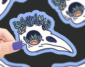 Raven Skull Succulent Garden Sticker, Vinyl, Waterproof, Water Bottle Sticker, Plant Lover, Toad, Funny Sticker, Floral, Witchy Sticker