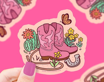 Pink Cowgirl Boots Sticker: Waterproof Western Vinyl Decal