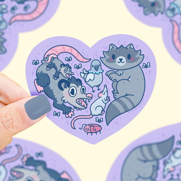 Stinky Trash Animals Heart Sticker: Raccoon, Opossum, Mice - Waterproof Vinyl