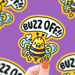 Buzz Off Angry Bee Vinyl Sticker: Funny Waterproof Decal