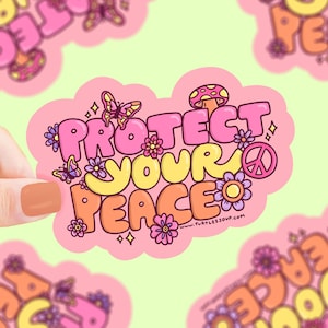 Sticker Protégez votre paix, Vinyle, Imperméable, Sticker bouteille d'eau, Paisible, Positivité, Sticker rose, Floral, Hippie, Encouragement