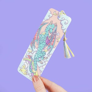 Dragon Reading Bookmark: Fantasy Art with Rainbow Tassel
