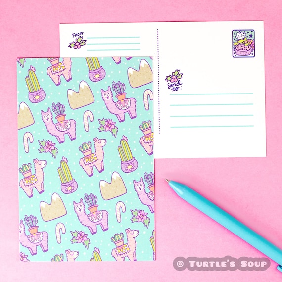 Alpaca Llama Cactus Christmas Postcard, Cute Pattern, Animal Stationery, Note, Pen Pal, Long Distance, Gift, Letter, Snail Mail, Friendship