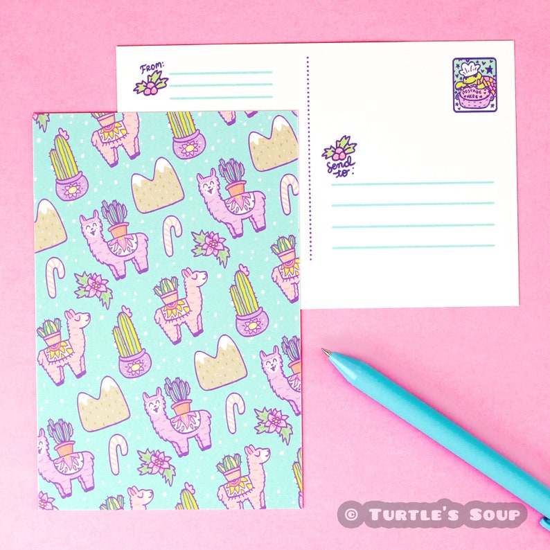 Alpaca Llama Cactus Christmas Postcard, Cute Pattern, Animal Stationery, Note, Pen Pal, Long Distance, Gift, Letter, Snail Mail, Friendship image 1