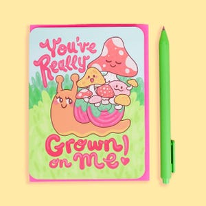Carte de Saint-Valentin, champignons, escargots, amour, carte d'anniversaire, romantique, champignons, escargots mignons, bouillie, jardinage, carte avec enveloppe
