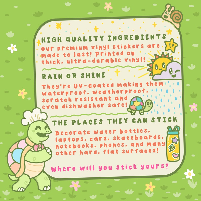 May include: Colorful cartoon illustration of a turtle with a chef's hat holding a rolling pin. The illustration is on a light green background with flowers and other cartoon elements. The text reads "High Quality Ingredients", "Rain or Shine", "The Places They Can Stick", and "Where will you stick yours?"