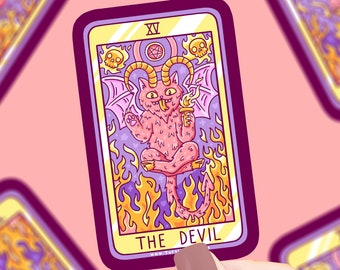 Devil Cat Tarot Card Sticker: Spooky Witchy Vinyl Decal
