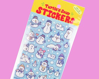 Cute Snowman Glitter Sticker Sheet, Silly Melting Snowman Stickers, Snow Puppy, Snow Cat, Funny Winter Christmas Sticker Sheet, Festive