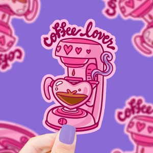 Coffee Lover Pink Coffee Machine Espresso Vinyl Sticker, Waterproof Sticker for Waterbottle, Laptop Sticker