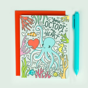 Pieuvre mon coeur, carte de Saint-Valentin, poulpe, cadeau pour couple mignon, jeu de mots de la Saint-Valentin, aquatique, créatures marines, carte d'anniversaire avec enveloppe