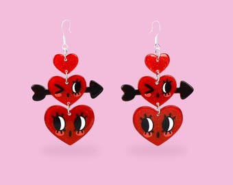 Surprised Heart Dangle Earrings, Stacked Heart Earrings, Valentine's Day Jewelry, Cute Romantic Love Earrings, Heart Lover Gift