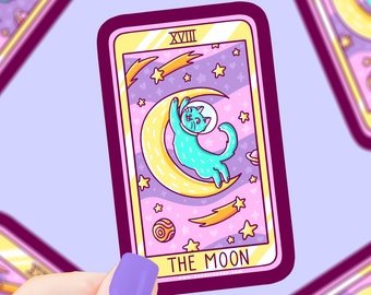 The Moon Tarot Card Cat Vinyl Sticker - Witchy Space Gift