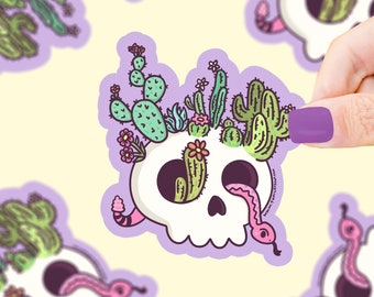 Skull Cactus Garden Sticker, Vinyl, Waterproof, Water Bottle Sticker, Nature, Cacti, Desert, Rattlesnake Sticker, Floral, Witchy Sticker