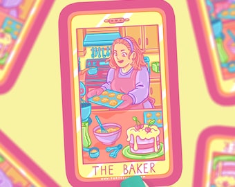 May include: A pink and blue illustrated sticker of a woman baking cookies and a cake. The sticker is in the shape of a smartphone screen and says "THE BAKER" at the bottom.