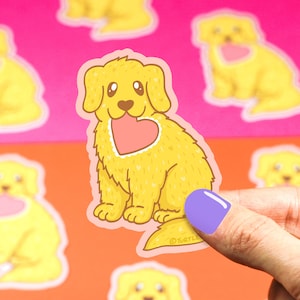 Love Puppy Heart Sticker, Valentines, Golden Retriever Dog, Cute, Laptop, Car, Weatherproof, Waterproof, Dishwasher Safe, Decal, Cute, Pup