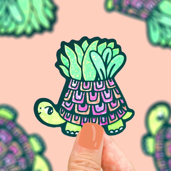 Glitter Turtle Planter Sticker, Glittery Turtle Pot, Cute Turtle Sticker, Sticker Art, Plant Lover Decal, for Water Bottle, Laptop, Garden