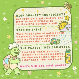 May include: Colorful cartoon illustration of a turtle with a chef's hat holding a rolling pin. The illustration is on a light green background with flowers and text that reads "High Quality Ingredients", "Rain or Shine", "The Places They Can Stick", and "Where will you stick yours?"