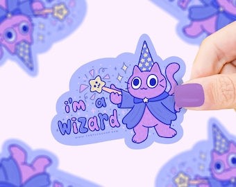 I'm A Wizard, Cats, Derpy, Magical, Purple, Silly, Magic Cat, Goofy Kitten, Wizard, Brain Fried, Waterproof, Dishwasher Safe, Vinyl Sticker