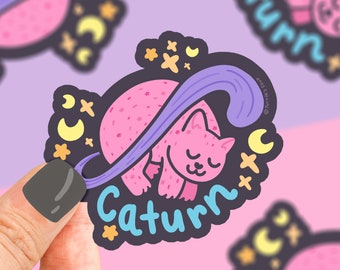 Caturn Planet Vinyl Sticker, Cute Saturn Sticker, Funny Cat Decal, Sticker for, Water Bottle, Space, Astronomy, Planet Sticker Art, Cute