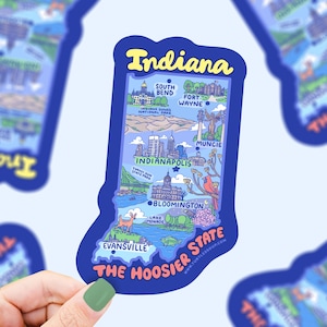May include: A blue and yellow sticker with a map of Indiana and the text "The Hoosier State". The map shows the locations of Indianapolis, South Bend, Fort Wayne, Muncie, Bloomington, and Evansville.