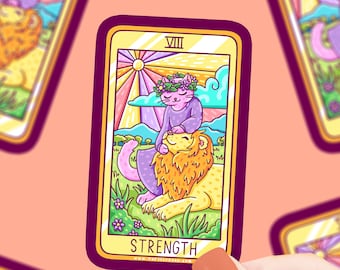 Strength Tarot Card Cat Sticker, Witchy Sticker, Powerful Cat, Cat Vinyl Sticker, Strong Cat, Cat Lover Gift, Vinyl Sticker