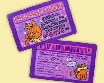Cat Handler License Novelty ID Card, Funny Cat Lover Gift, Cat Wrangler ID, Joke Pet License, Cat Mom Dad Gift, Funny Cat Gift