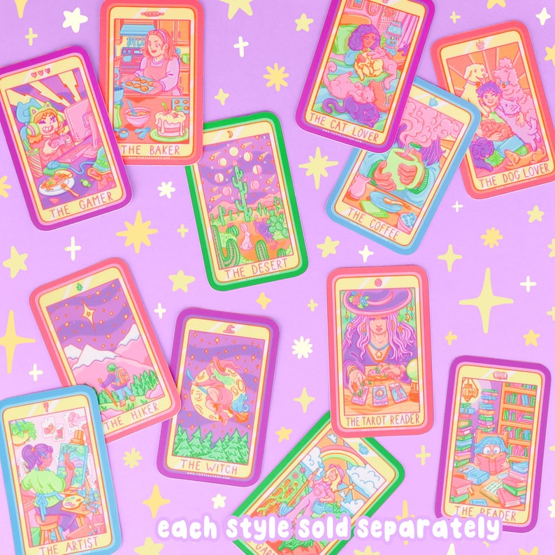 May include: A set of colorful illustrated cards with a variety of themes, including a gamer, a baker, a hiker, a desert, a cat lover, a coffee drinker, a tarot reader, a dog lover, an artist, a witch, and a reader. Each card has a unique design and features a different character or scene. The text on the cards reads "The Gamer", "The Baker", "The Hiker", "The Desert", "The Cat Lover", "The Coffee", "The Tarot Reader", "The Dog Lover", "The Artist", "The Witch", and "The Reader".