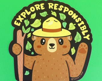 Explore Responsibly, Forest Bear, Peek-A-Boo Sticker, Window Sticker, Decal, Car Sticker, Vinyl Sticker, Animal, Die Cut, Waterproof, Laptop