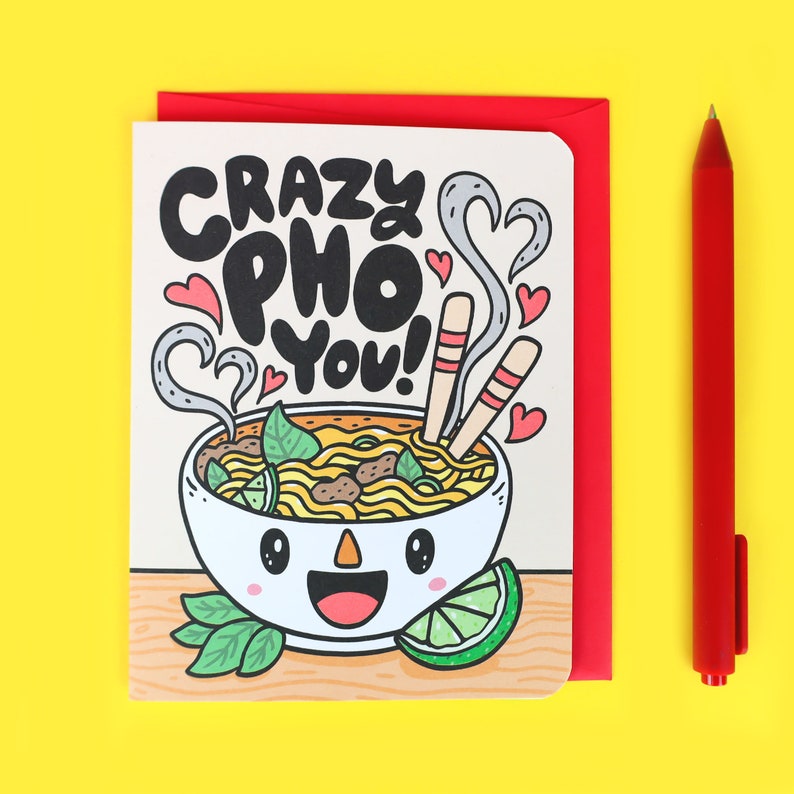 Crazy Pho You Card, Funny Valentine's Day Card, Pun Love Card, Take Out, Foodie Birthday Card, Cute Love Card, Kawaii Love Card, Cute image 1