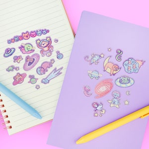 Cosmic Critters Sticker Sheet, Cute Space Stickers, Animal Sticker Art, Kawaii Stationery, Stickers, Glitter, Galaxy Cats, Planner Stickers afbeelding 3