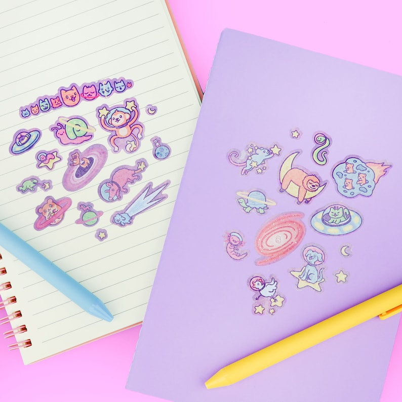 Cosmic Critters Sticker Sheet, Cute Space Stickers, Animal Sticker Art, Kawaii Stationery, Stickers, Glitter, Galaxy Cats, Planner Stickers afbeelding 3