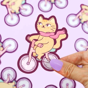 Bicycle Kitty Sticker, Cat Decal, Cat on a Bike, Water Bottle Art, Laptop Sticker, Notebook Decal, Birthday Gift, Cute Sticker, Bike Cat