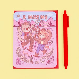 Partenaire du crime, Saint-Valentin, Carte de l'amitié, Tu me manques, Animaux de cow-boy, Fond, Cowboys mignons, Rose, Carte avec enveloppe